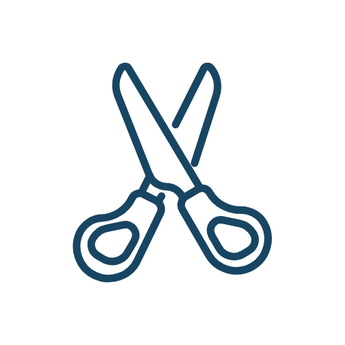 Illustration of two crossed scissors with blue outline.