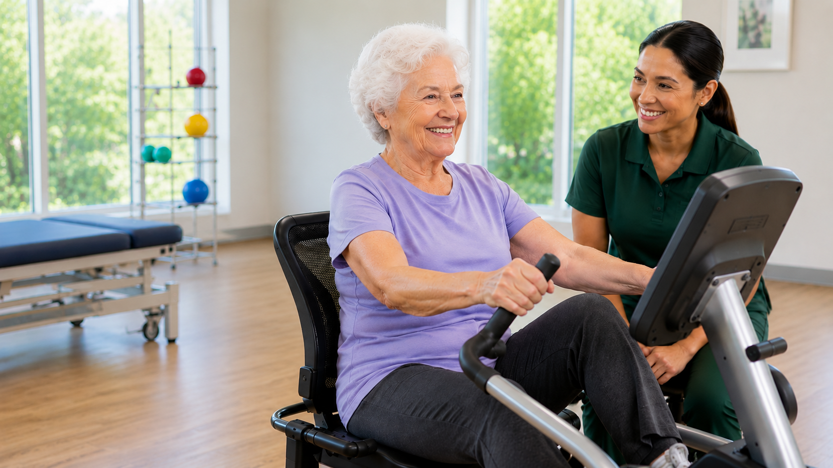 An elderly woman with white hair in a purple shirt using a recumbent exercise bike, smiling, with a caregiver in green scrubs supporting her in a bright therapy room with large windows and colorful exercise balls.