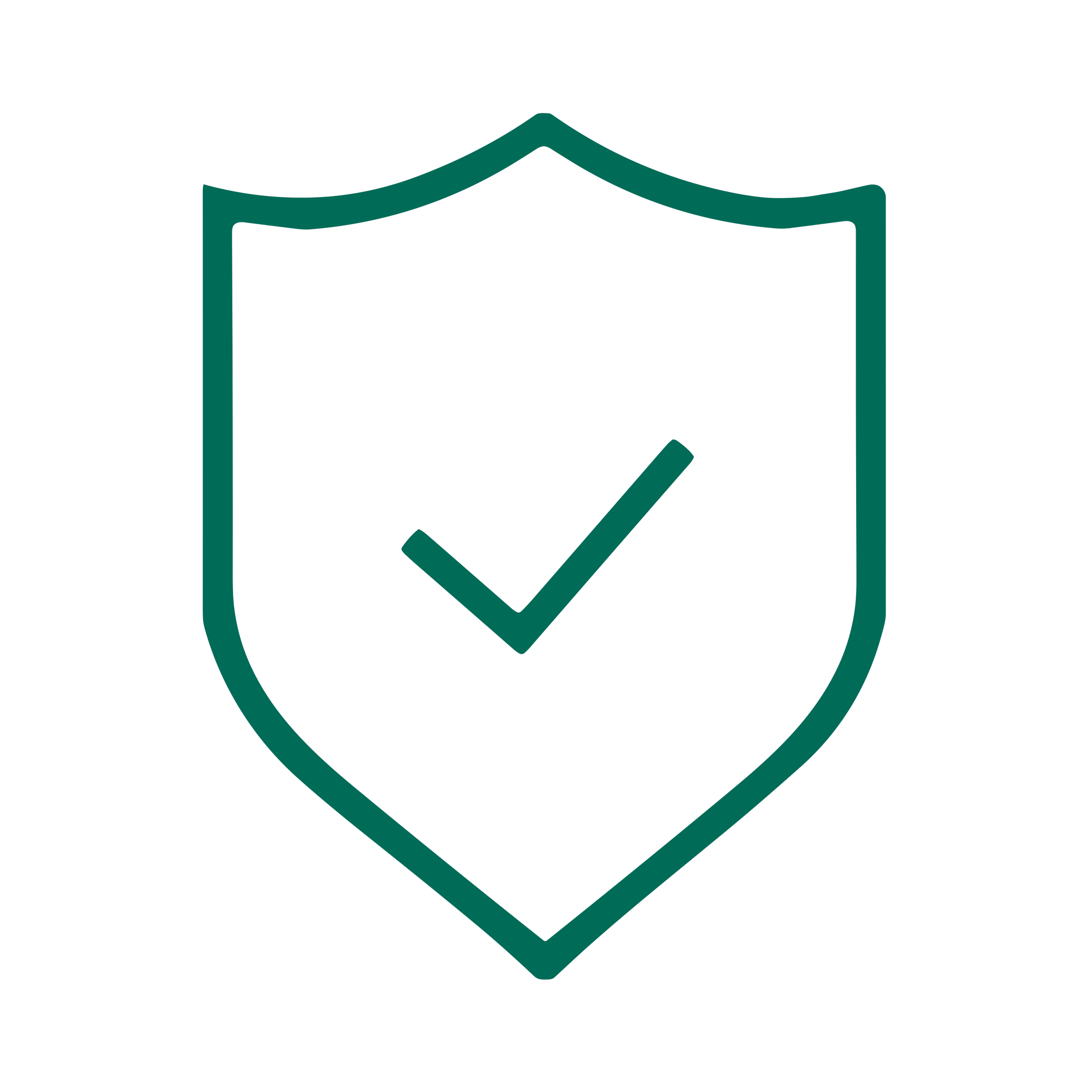 A digital illustration of a shield with a check mark inside it, outlined in teal on a black background.