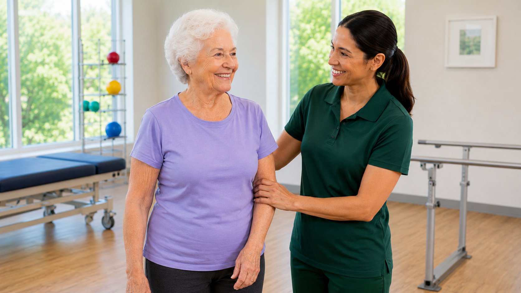 A senior woman receiving physical therapy from a female therapist in a rehab center, with exercise equipment in the background.