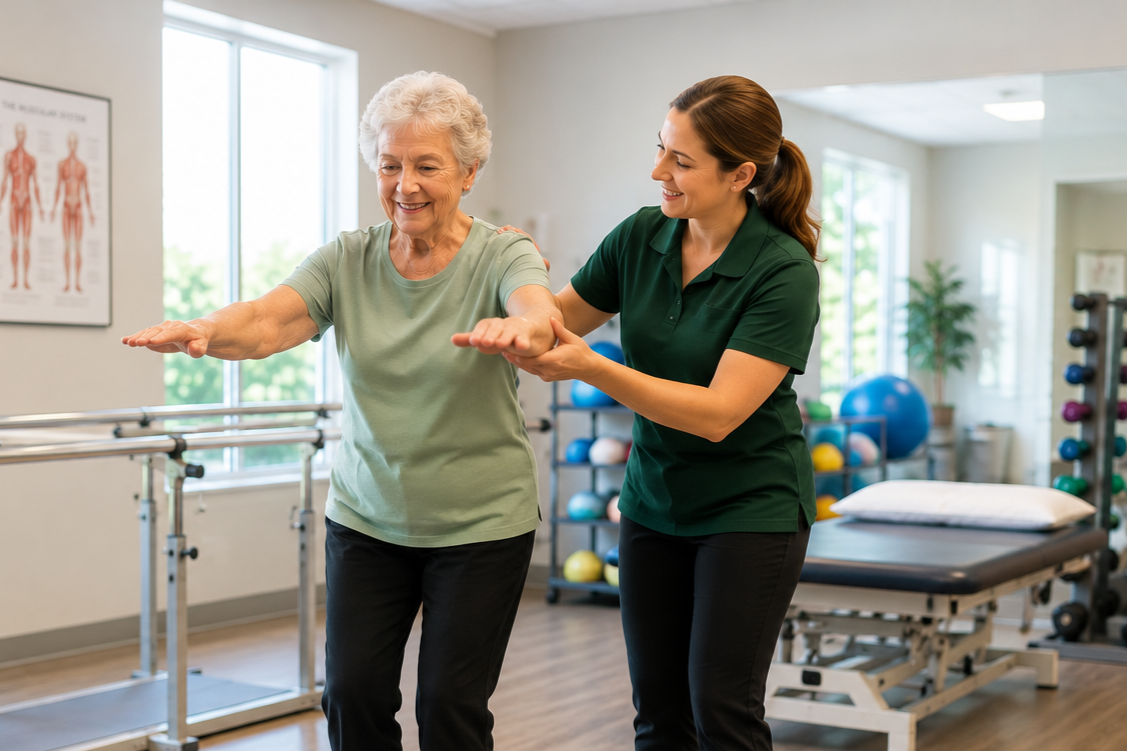 A physical therapist helping an elderly woman with arm exercises in a rehabilitation center with exercise equipment in the background.