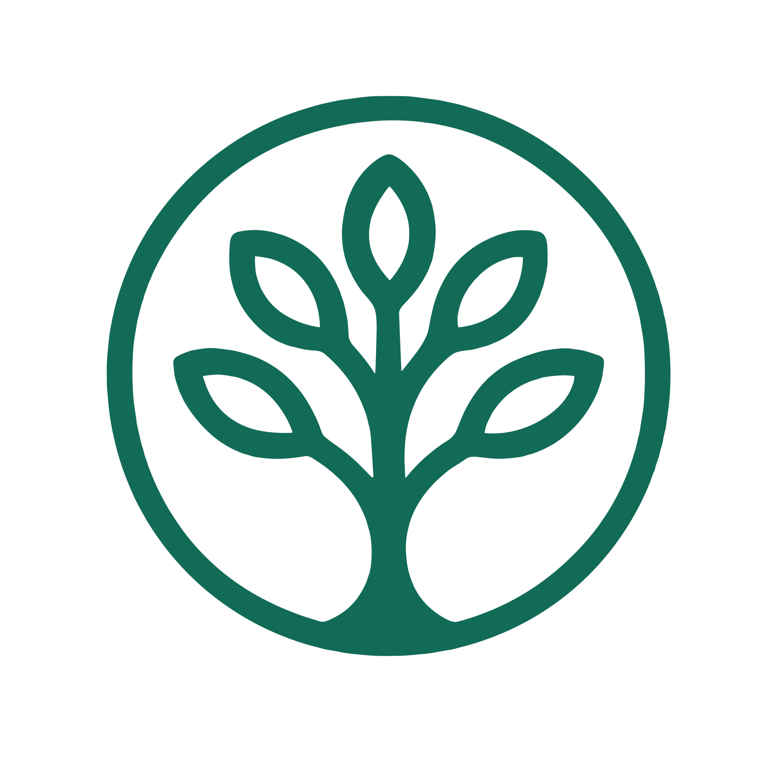 Logo with a circle and a stylized plant or leaf inside, depicted in dark green on a black background.