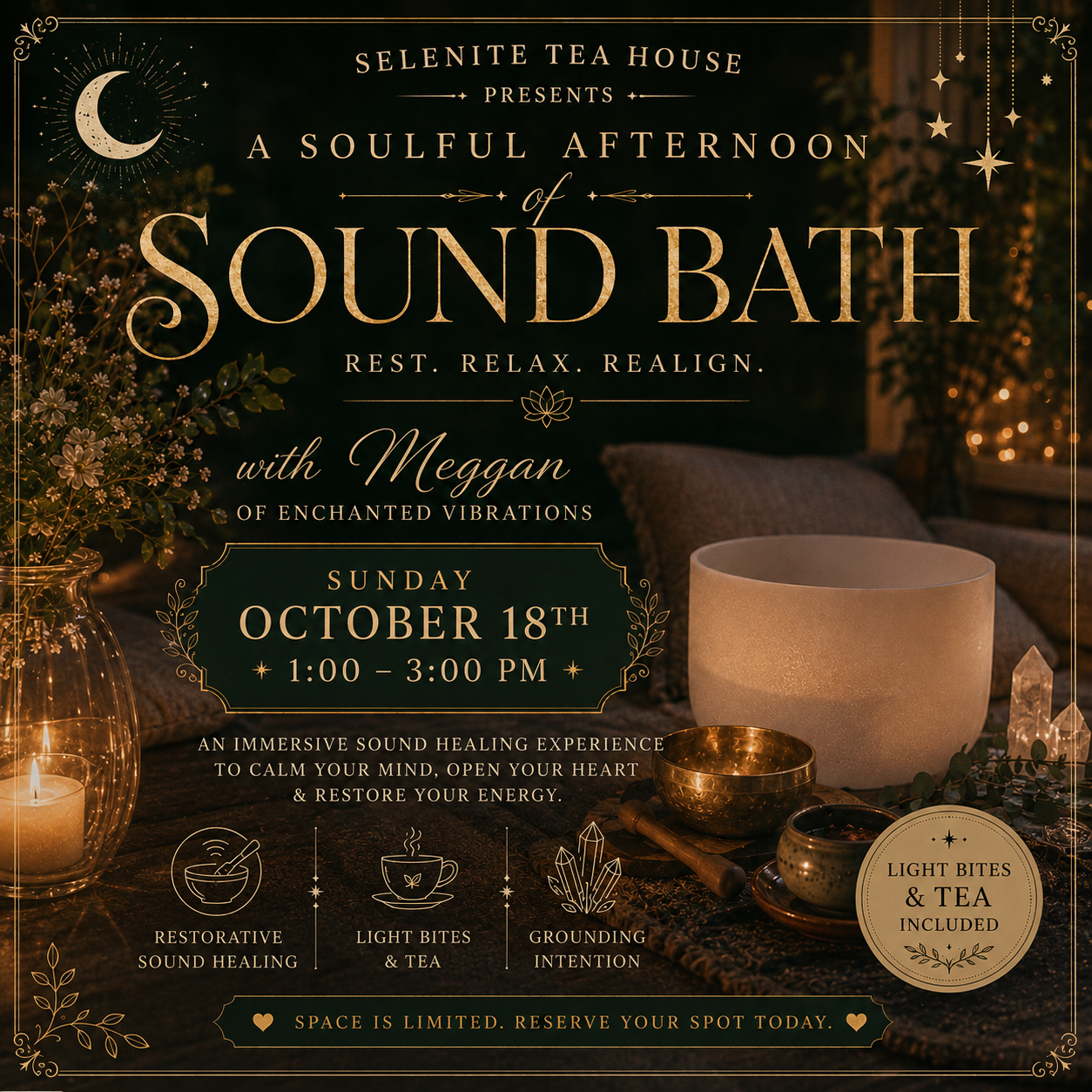 OCT 18th from 1-3 PM:  Sound Bath w/ Meggan of Enchanted Vibrations