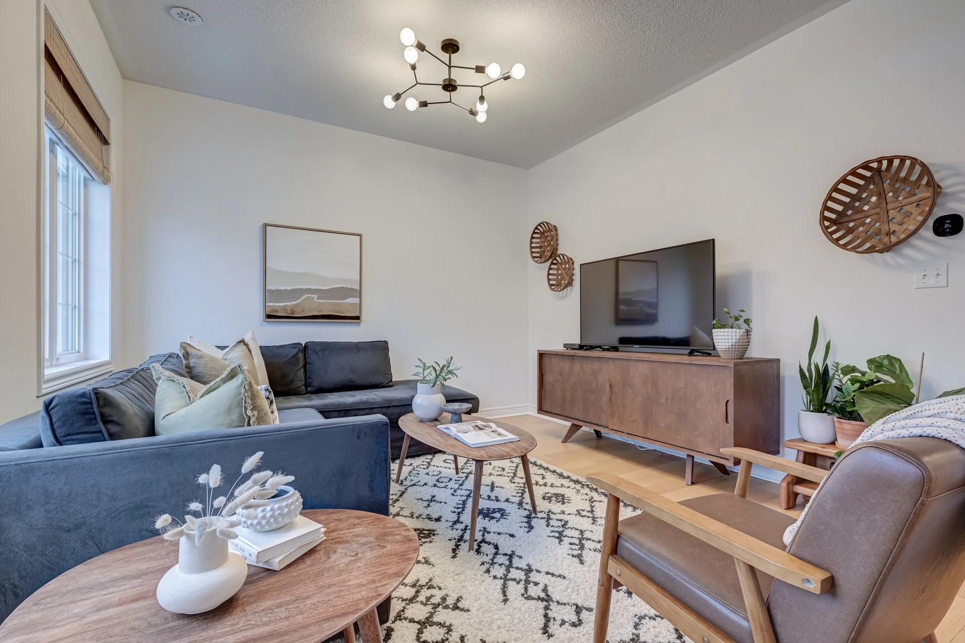 Living room with a dark sofa, plants, wooden side tables, a large television on a wooden console, and wall art. Natural light coming through a window.