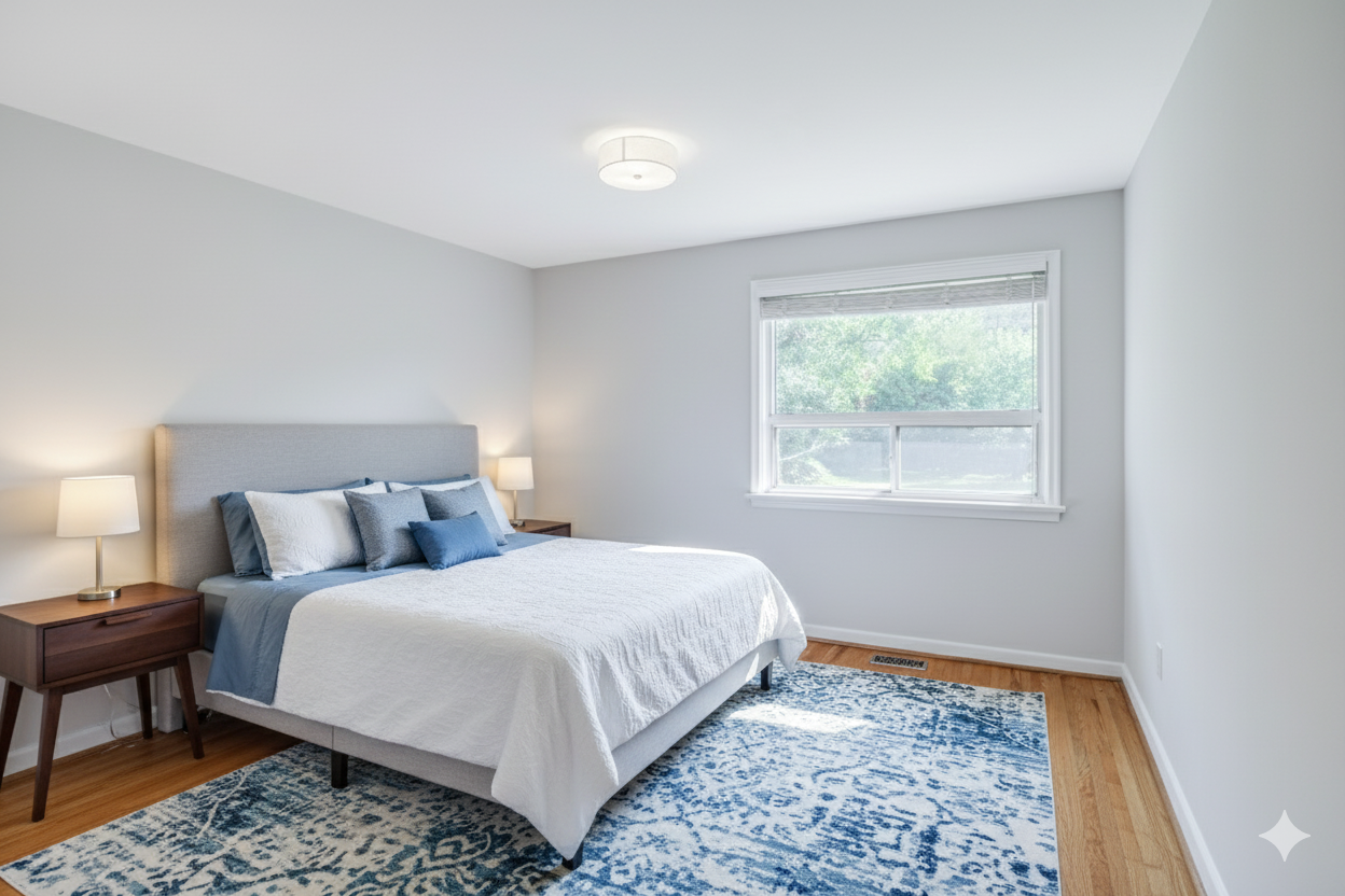 A minimalist bedroom with a bed, nightstands, lamps, and a window showing greenery outside.