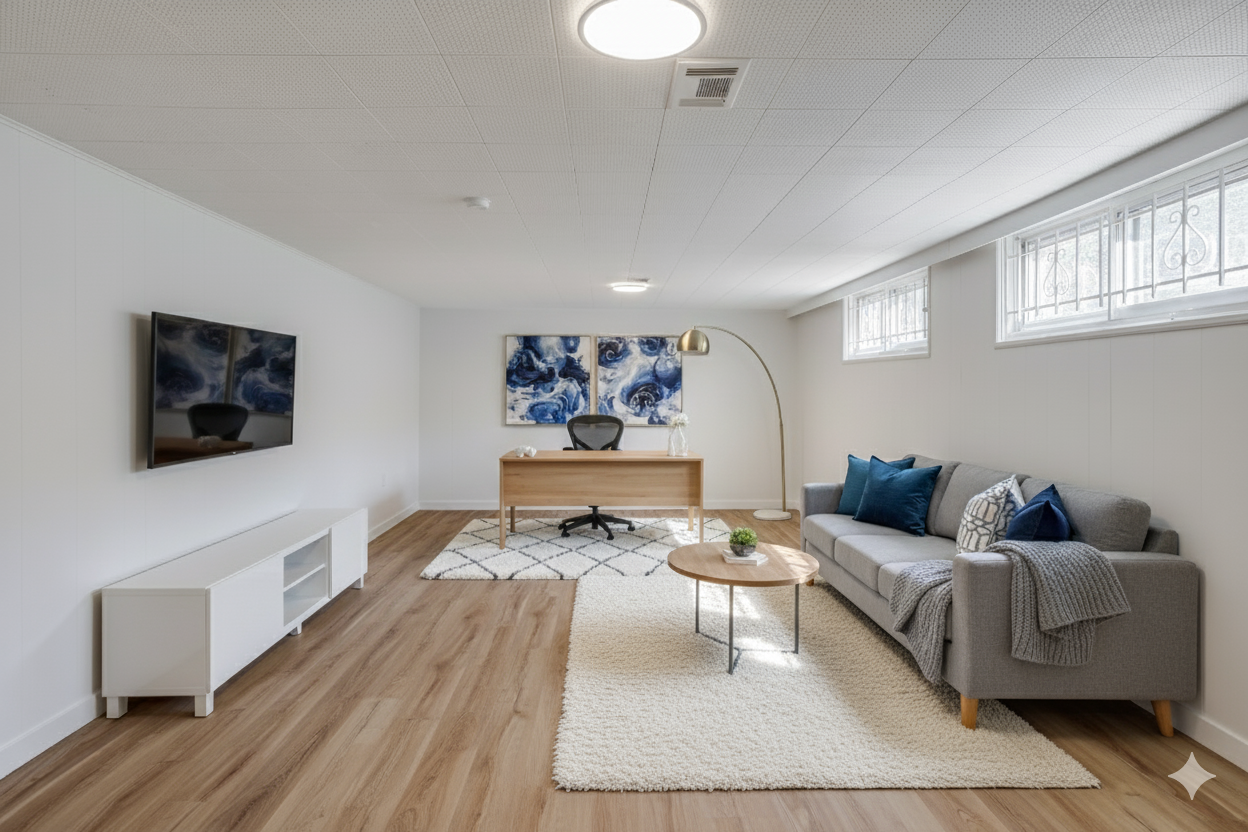 Minimalist living room with white walls, wood flooring, a gray sofa with blue and gray pillows, a round wood coffee table, a white media console, a wall-mounted flat-screen TV, a wooden desk with a black swivel chair, a tall gold arched floor lamp, a