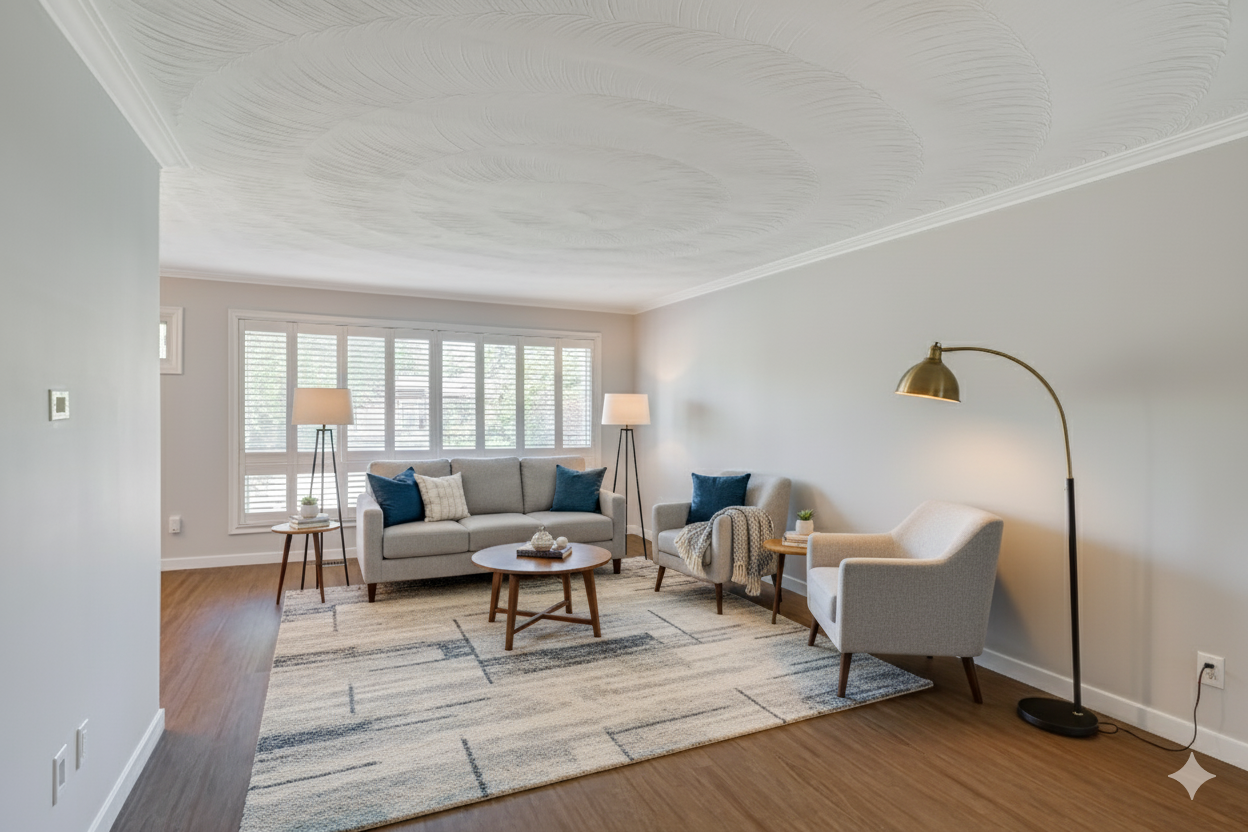 A living room with a large window, a light-colored sofa, an armchair, a side table, a reading lamp, and a modern area rug with a geometric pattern.