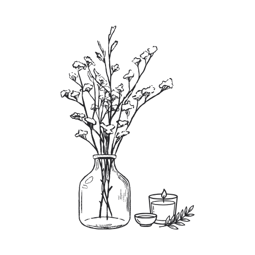 A sketch of a vase with dried flowers, a small bowl, a candle, and some leaves.