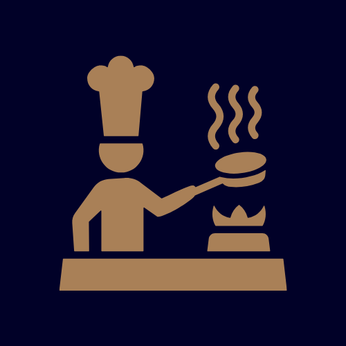 Illustration of a chef in a tall hat cooking with a stove and steam rising from a pan.