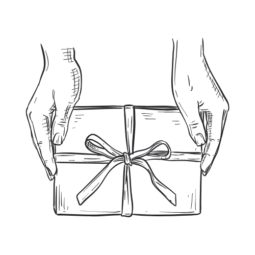 Drawing of two hands holding a wrapped gift with a ribbon bow.