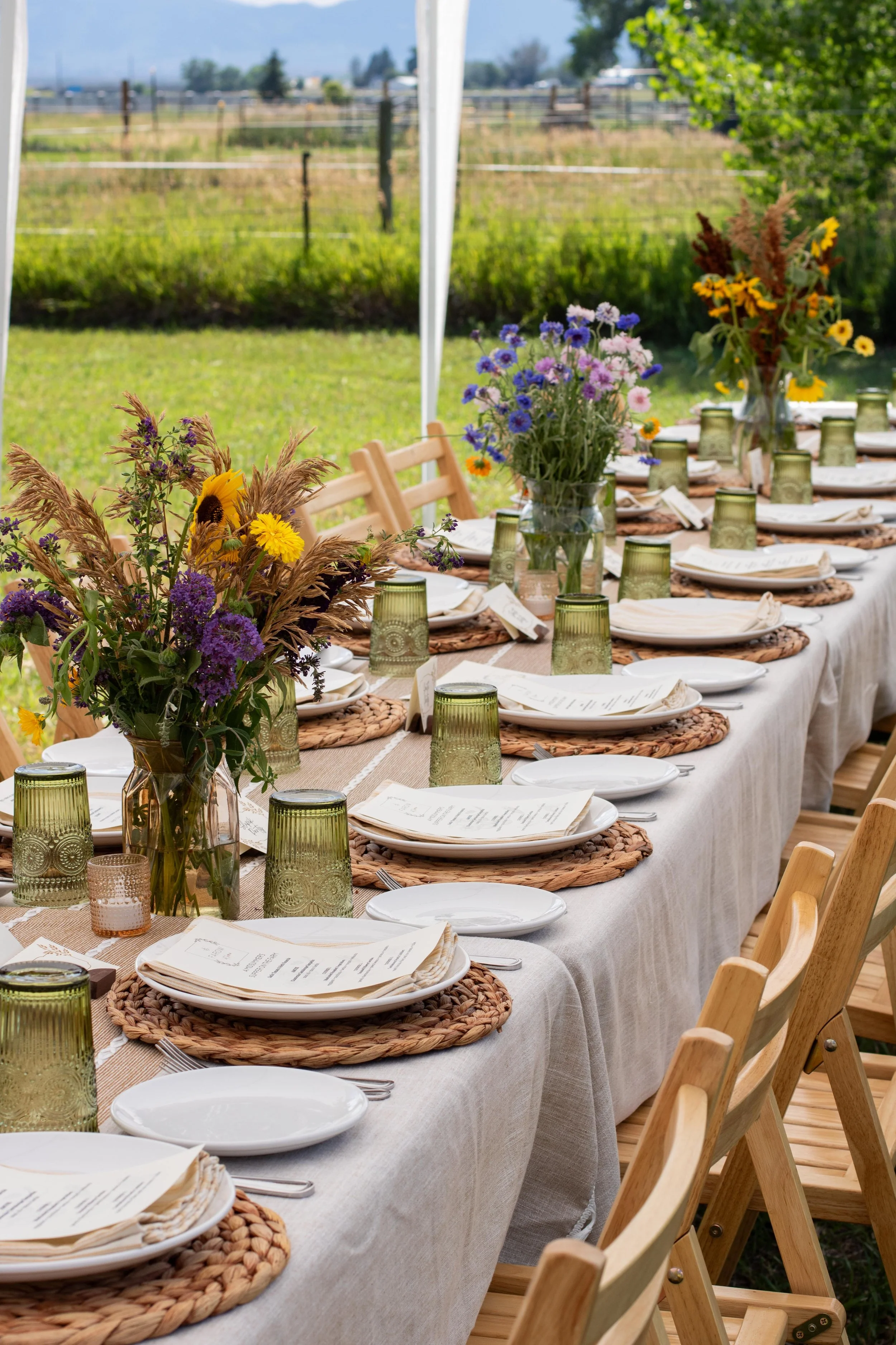 Outdoor dining table set for a gathering with floral centerpieces, green glass cups, plates, and menu cards on woven placemats, with a grassy field and trees in the background.