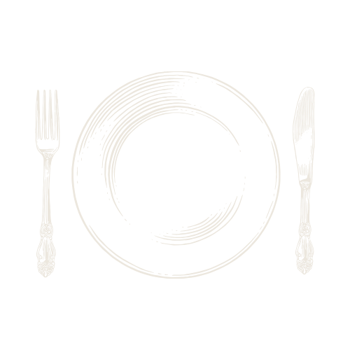 Silhouette of a dinner plate with a fork on the left and a knife on the right, all on a black background.