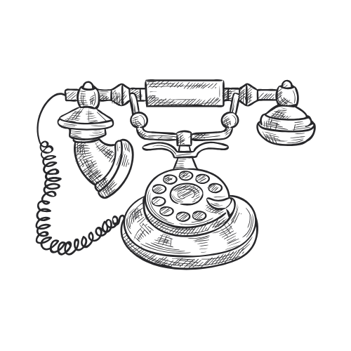 Vintage rotary phone with a coiled cord and a rotary dial, sketched in black and white.