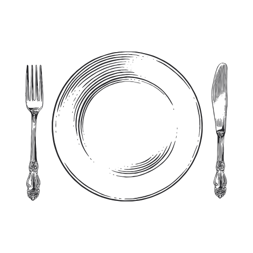 Silhouette of a dinner plate with a fork on the left and a knife on the right.