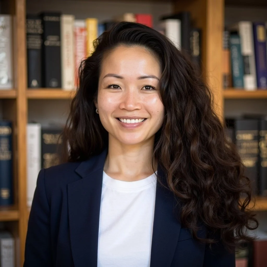 A smiling woman with long curly black hair standing in front of a bookshelf filled with books.