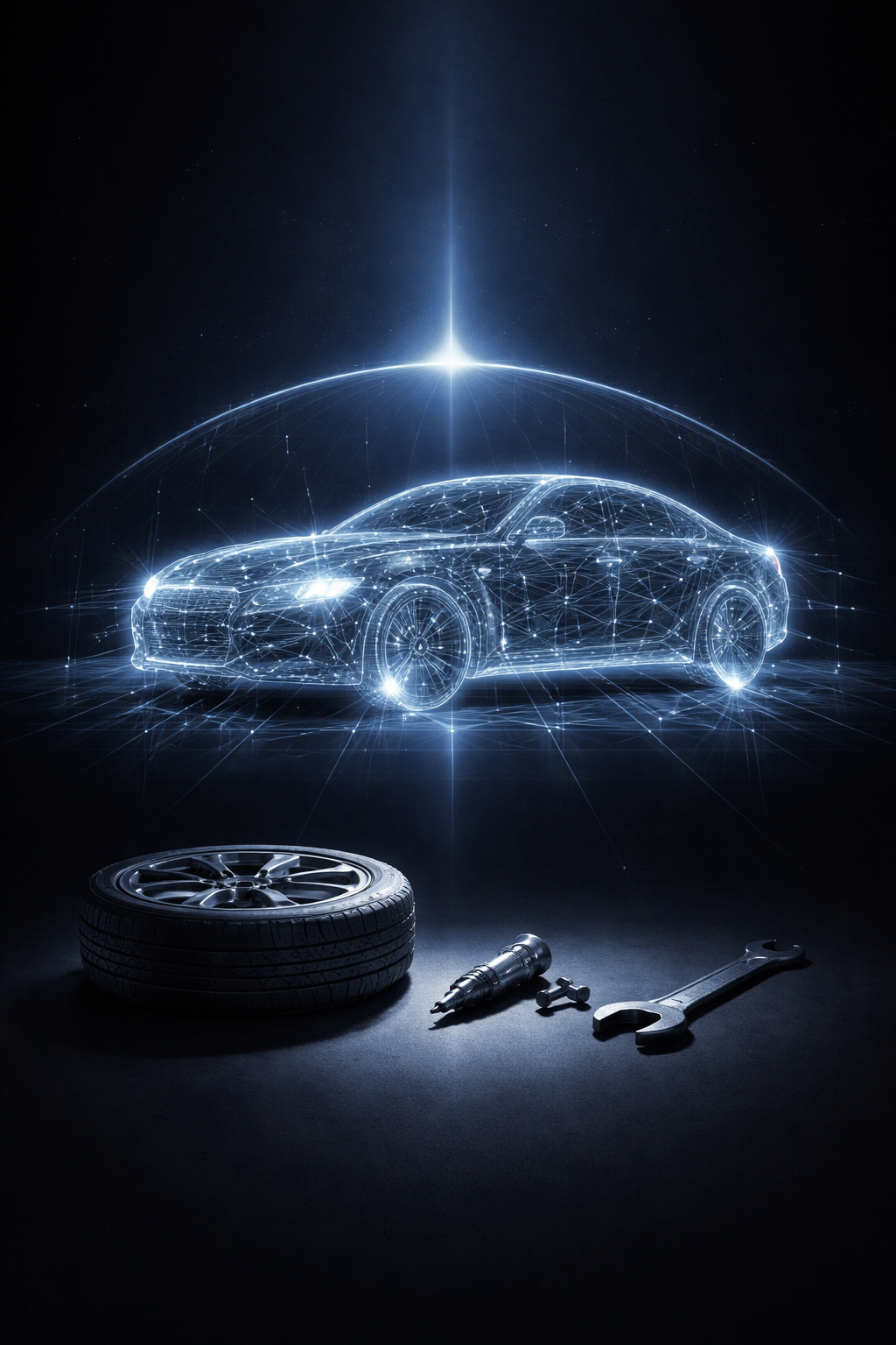 Futuristic digital rendering of a sleek car made of glowing lines and nodes, with a wheel, screwdriver, small bolt, and wrench on a dark surface in front of it.