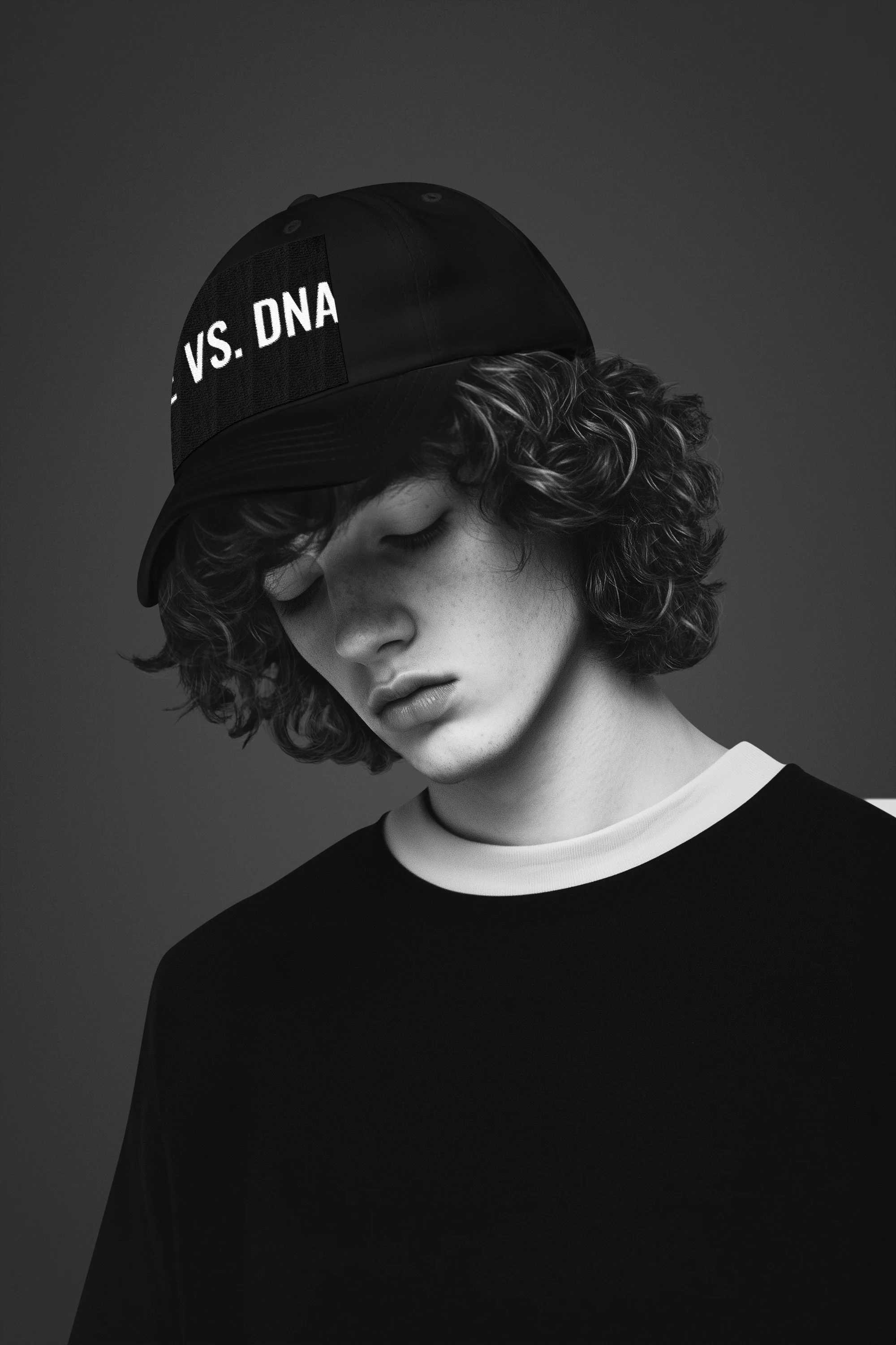 Black and white portrait of a young person with curly hair wearing a black cap with text and a black shirt with a white collar, looking downward with eyes closed.