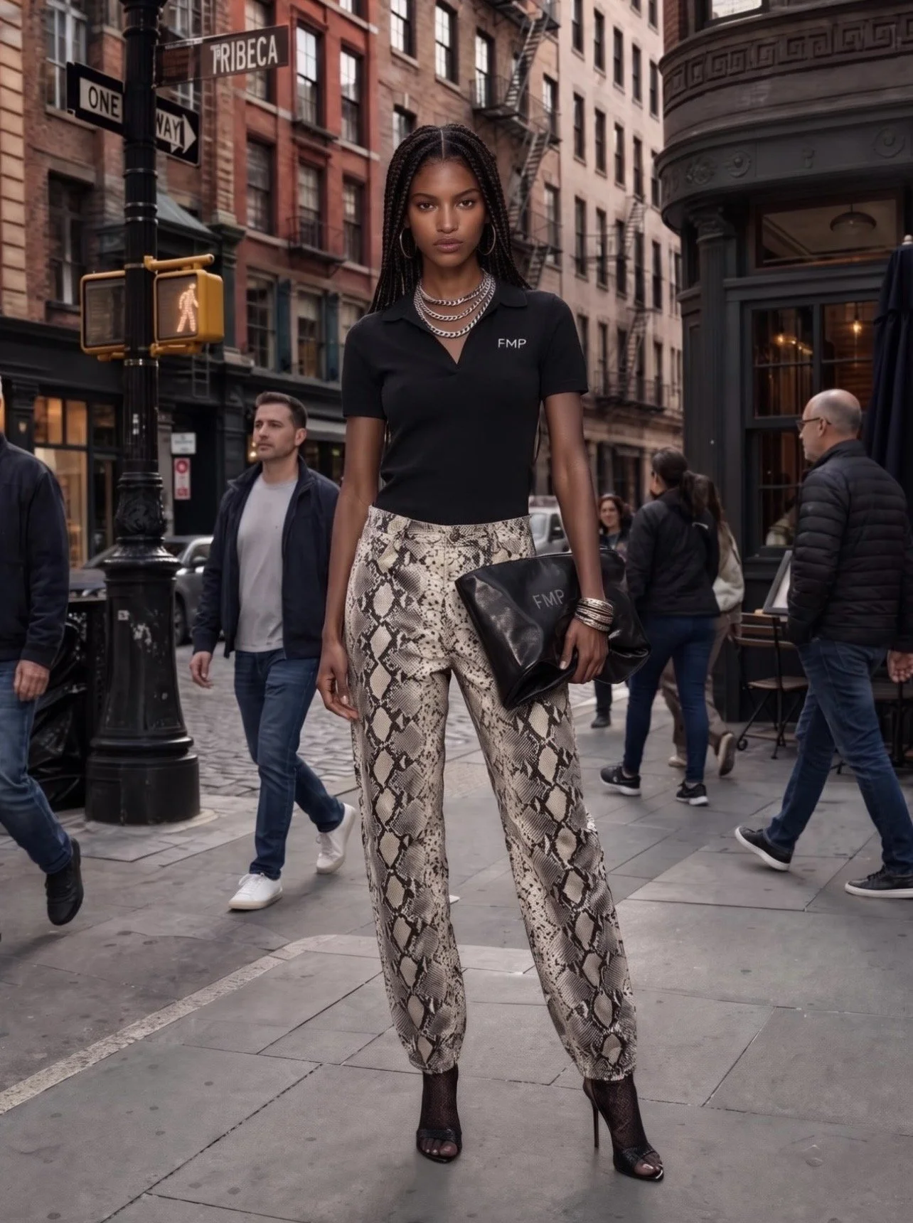 Women’s Knit Polo Shirt and Snake Print Barrel Leg Pants