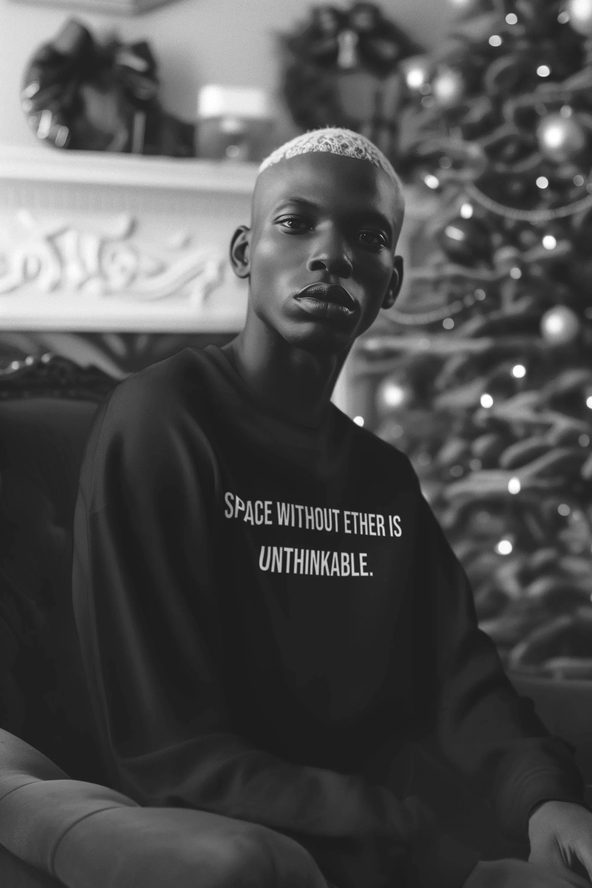 Black and white photo of a young woman with short, platinum blonde hair, sitting indoors near a decorated Christmas tree.