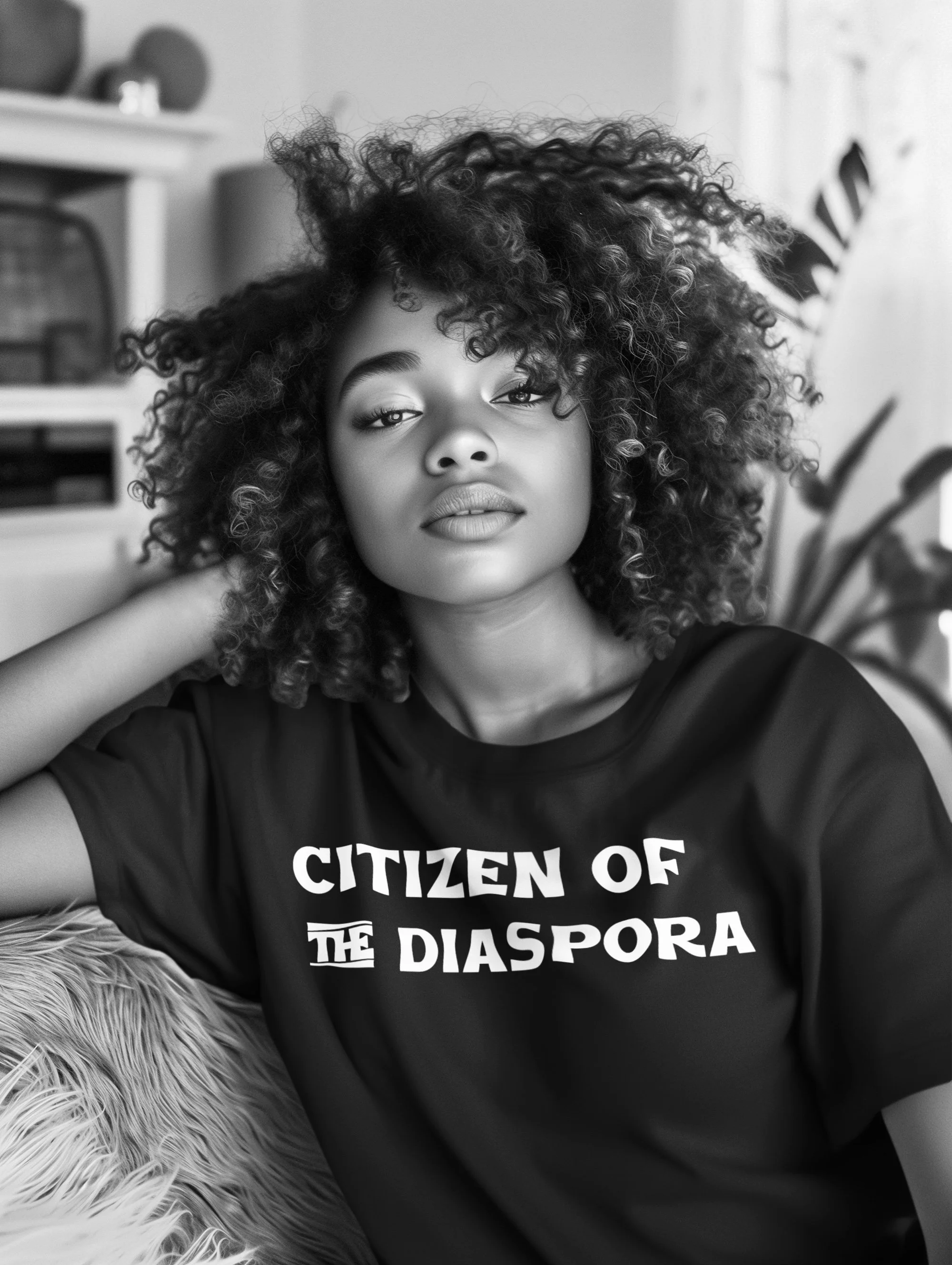 Black and white photo of a woman with curly hair wearing a T-shirt that reads 'Citizen of the Diaspora'.