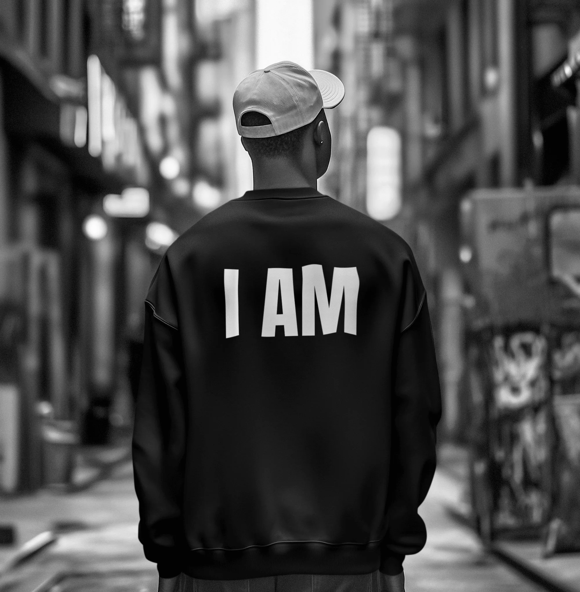 Back view of a person wearing a sweatshirt with the words 'I AM' in large letters, standing in an indoor setting with shelves and blurred background.