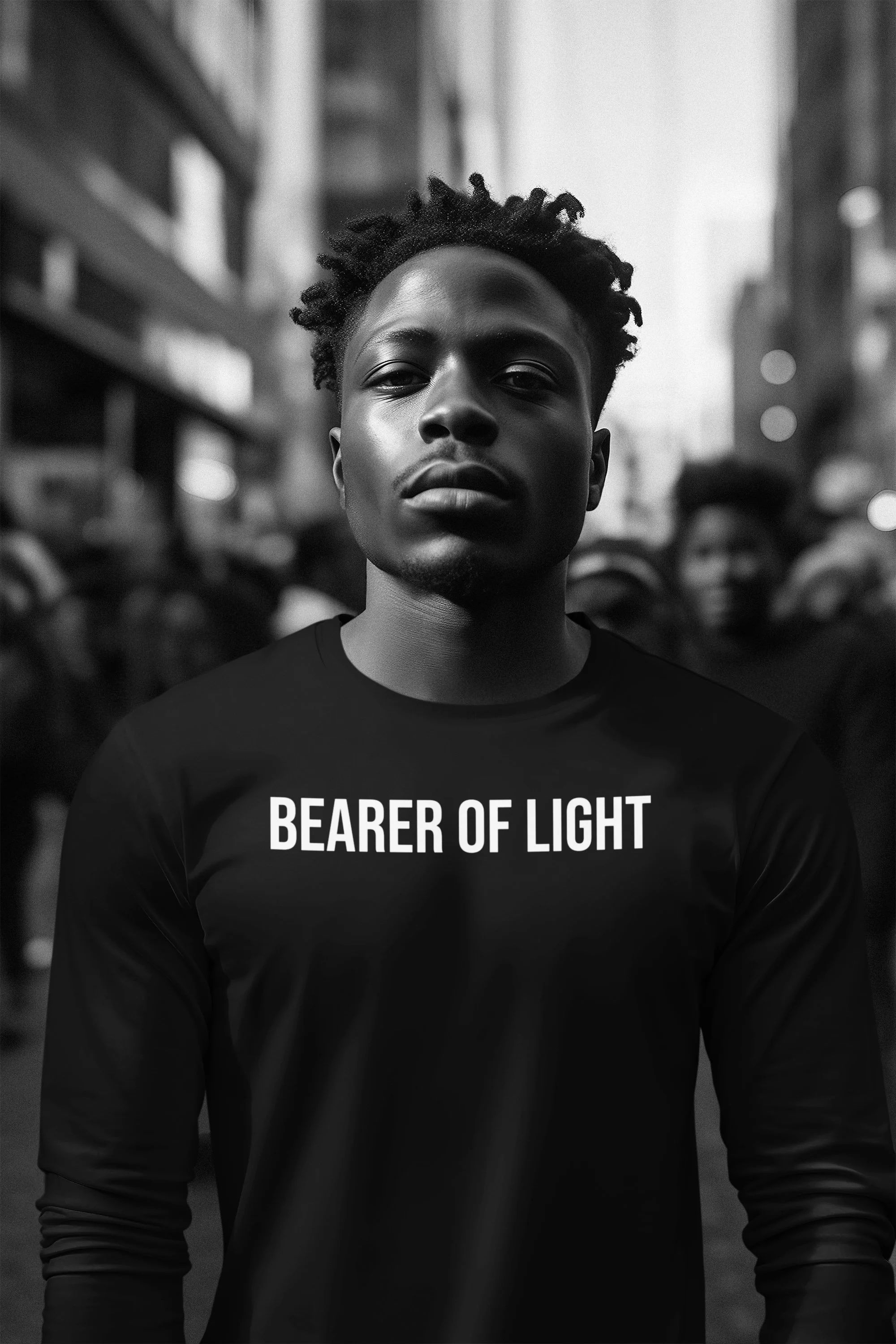 A young Black man standing in a city street, wearing a black shirt with the words "BEARER OF LIGHT" printed on it, looking directly at the camera with a serious expression, with a blurred crowd and buildings in the background in black-and-white.