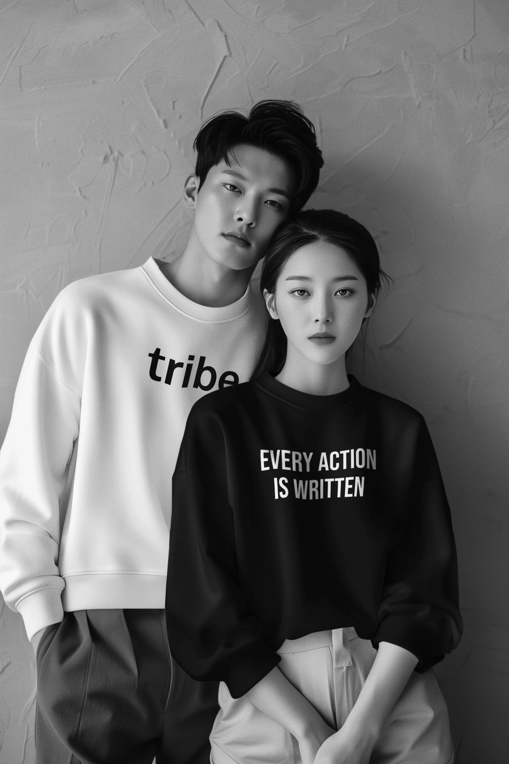 A black-and-white photo of a young man and woman standing close together against a textured wall, both looking at the camera. The man wears a sweatshirt that says 'tribe,' and the woman wears a sweatshirt with the text 'EVERY ACTION IS WRITTEN.'