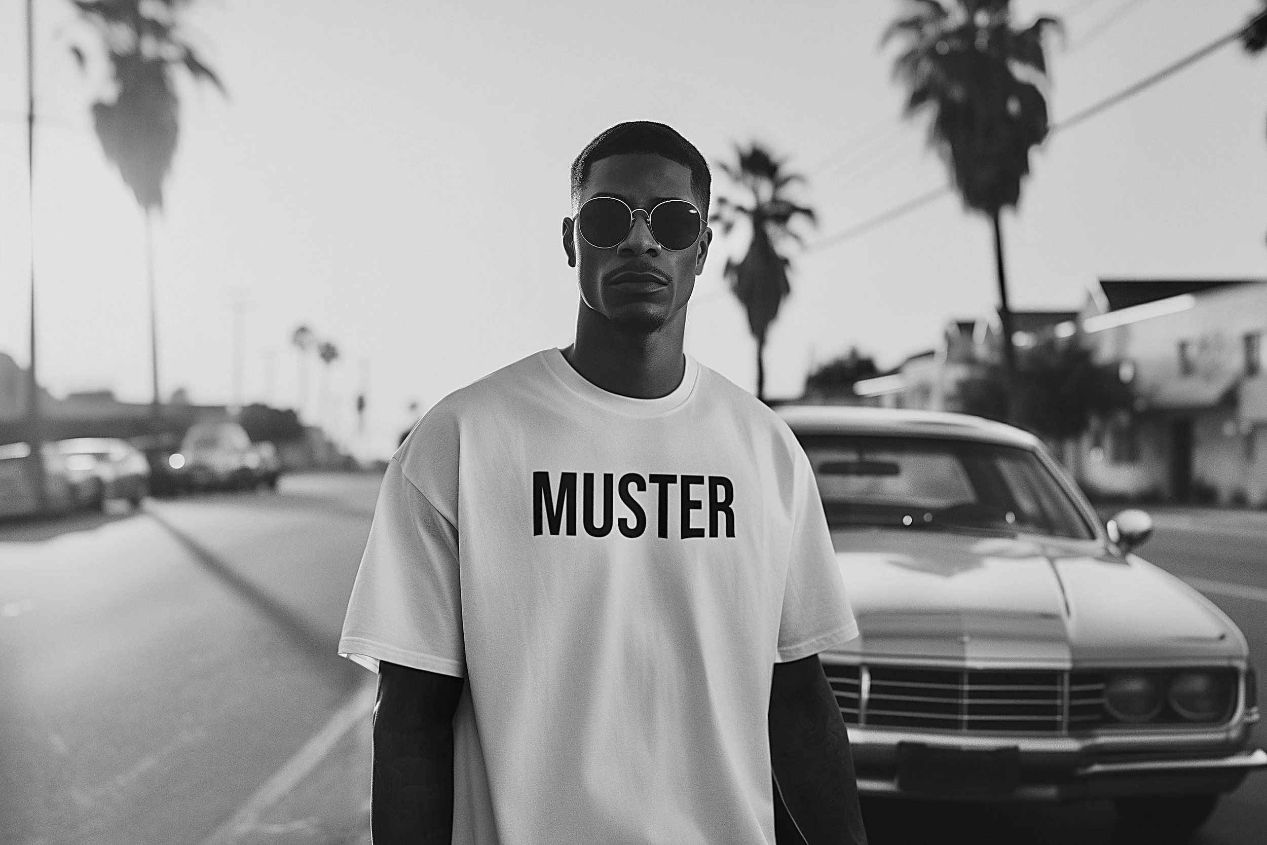 A young man wearing sunglasses and a T-shirt with the word 'MUSTER' printed on it, standing on a street with palm trees and a car in the background.