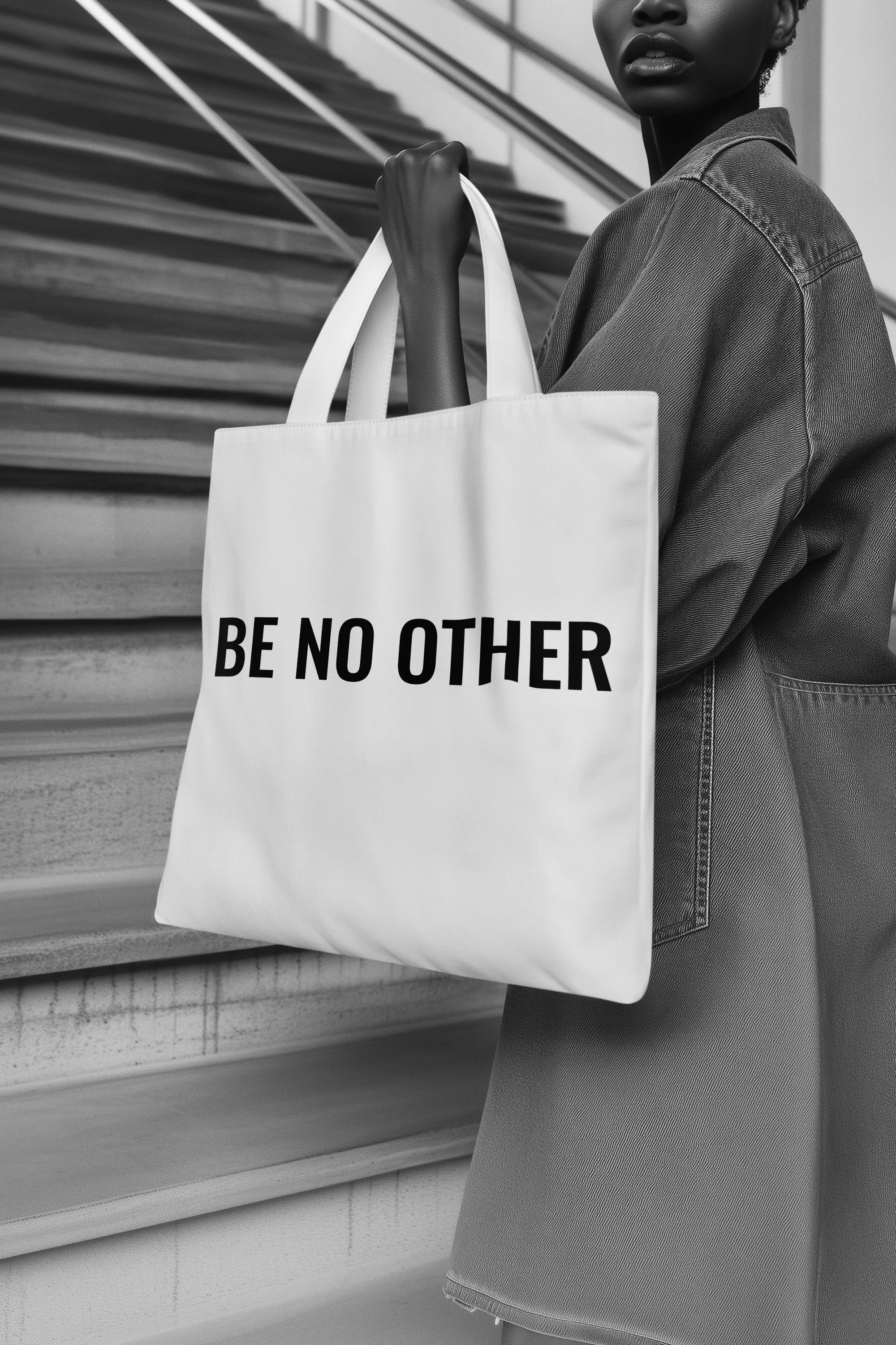 A person holding a white tote bag with the words "BE NO OTHER" printed on it, standing on stairs.