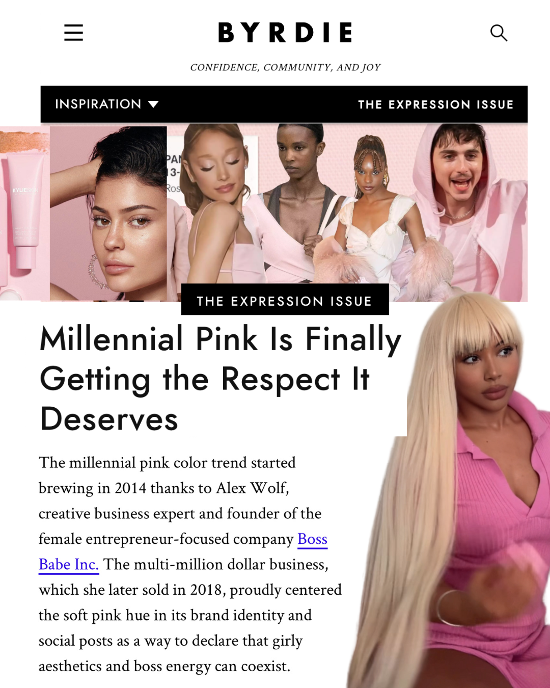 A magazine article from BYRDIE discussing the rise of millennial pink in fashion, featuring images of diverse young people dressed in pink clothing and accessories, with headlines emphasizing confidence, community, and joy.