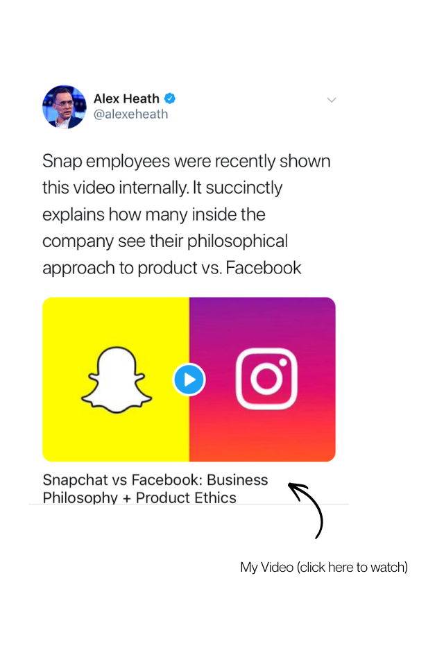 Screenshot of a social media post comparing Snapchat and Instagram logos with text discussing business philosophy and ethics