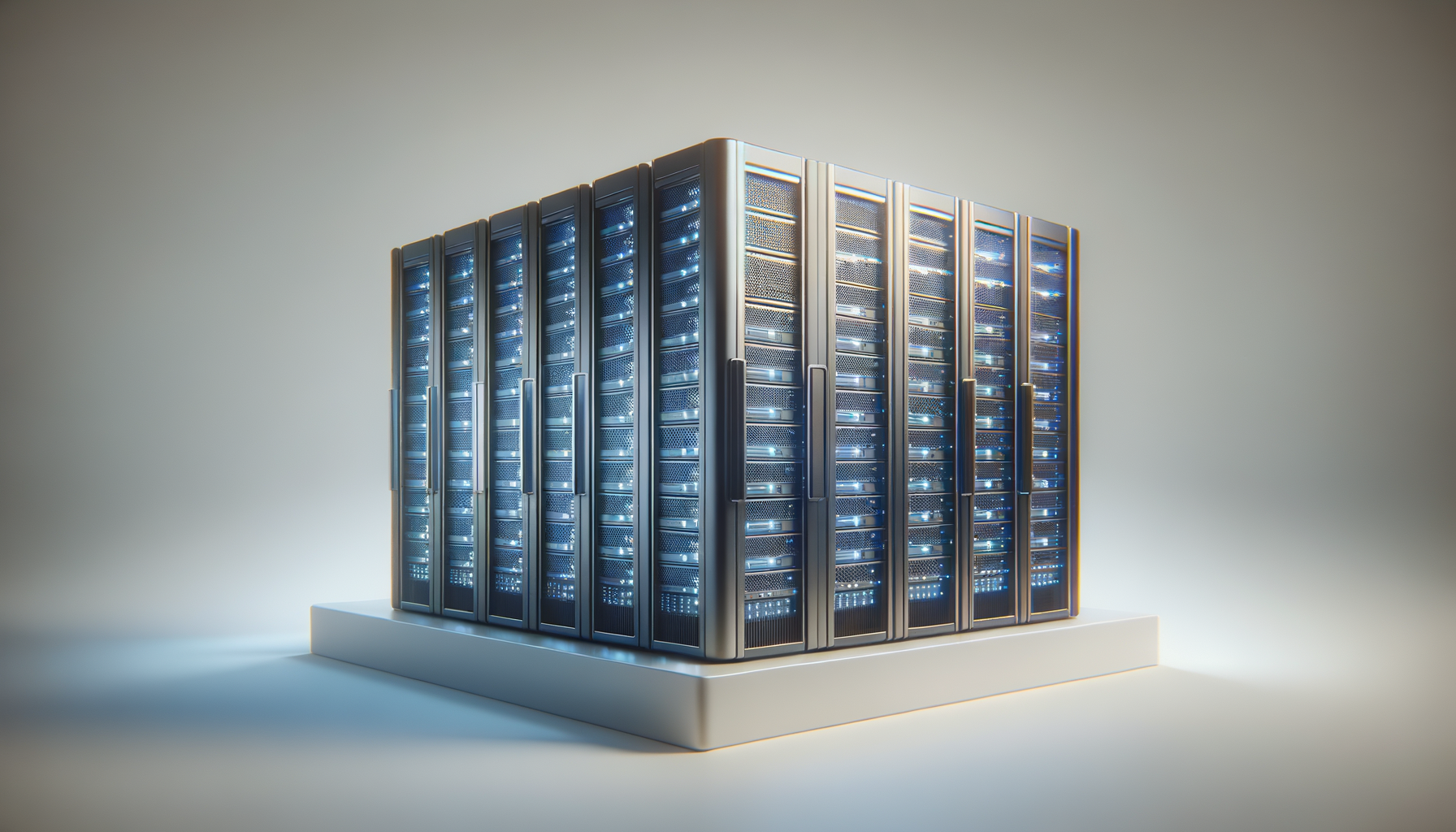 A large server rack with multiple illuminated blue-lit servers, placed on a white platform against a plain background.