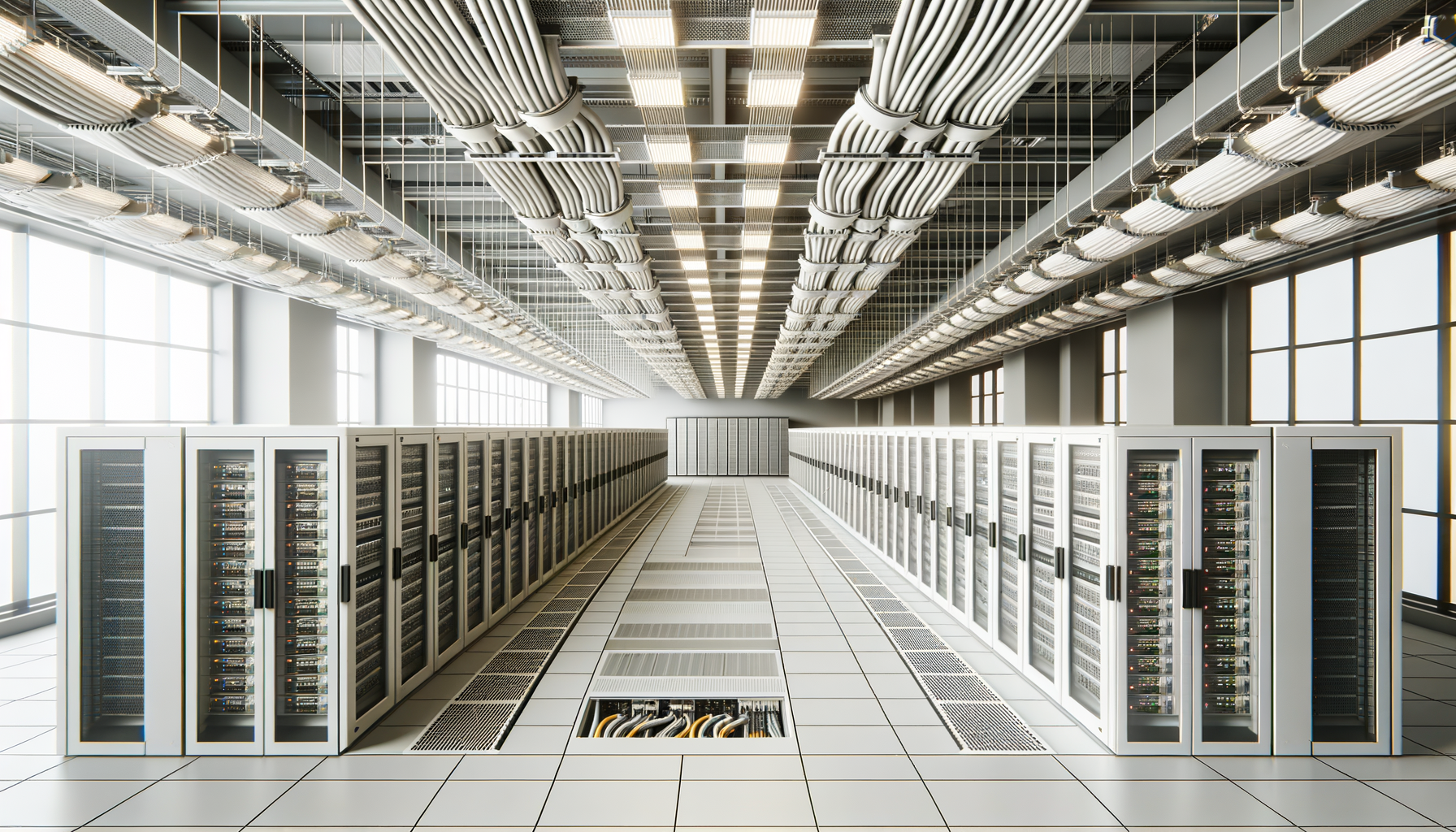 A data center with server racks on either side of a central aisle, filled with electronic equipment, and large overhead cables running across the ceiling.