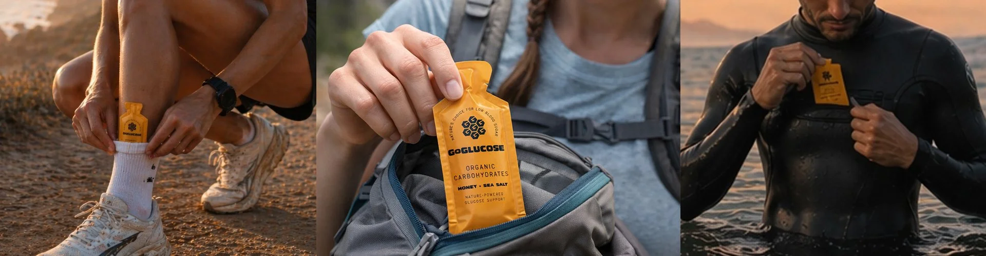 People outdoors using glucometer to check blood sugar, holding glucose gel packet, and carrying a backpack.