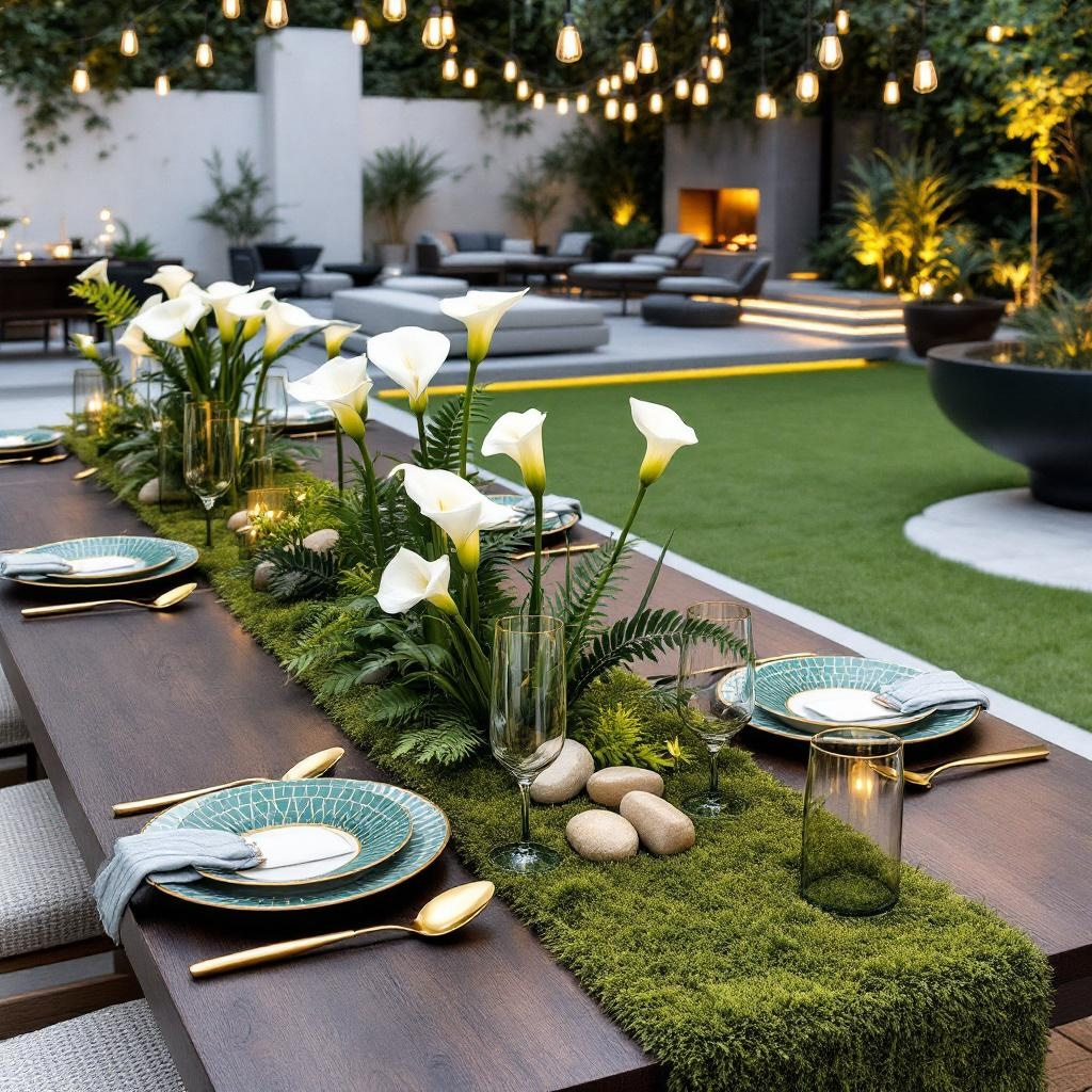 Outdoor dining setup with a long wooden table decorated with a green moss runner, white calla lilies, candles, and glassware, set in a lush garden with string lights and comfortable seating area in the background.