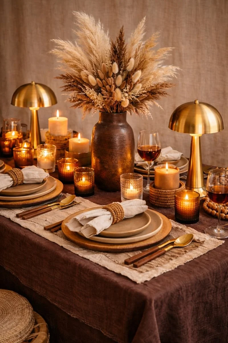 A cozy dining table setup with a centerpiece of dried flowers in a brown vase, surrounded by gold table lamps, lit candles, and wine glasses, with place settings featuring beige plates, cloth napkins with beaded napkin rings, and gold utensils.