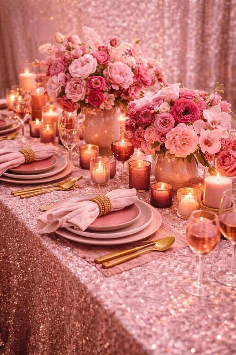 Elegant dinner table with pink floral centerpieces, gold flatware, pink napkins, and lit candles, set against a sparkly pink backdrop.