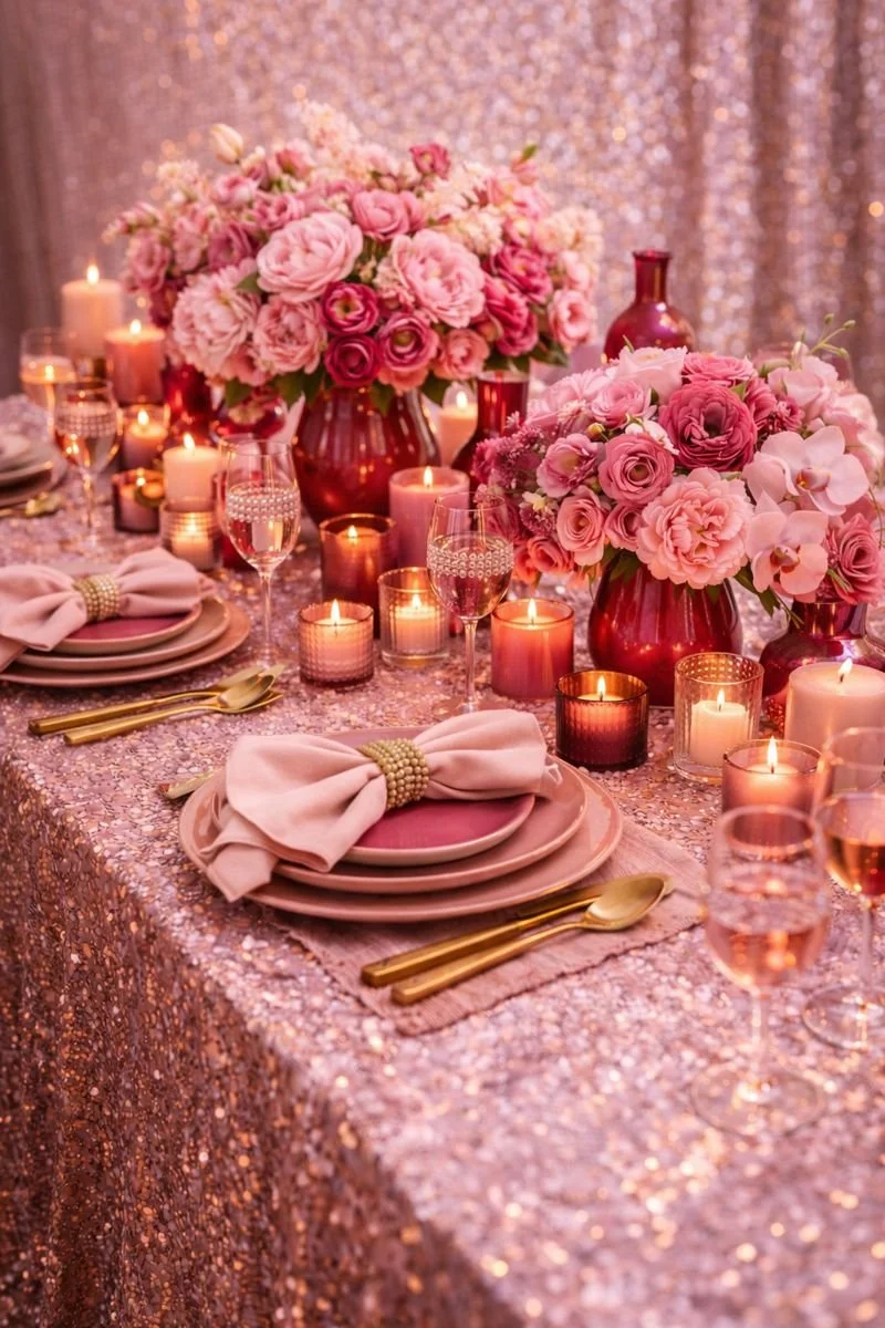 A decorated dinner table with pink and red flower bouquets in vases, lit candles, gold cutlery, and pink napkins with beaded holders, all set on a sequin tablecloth.