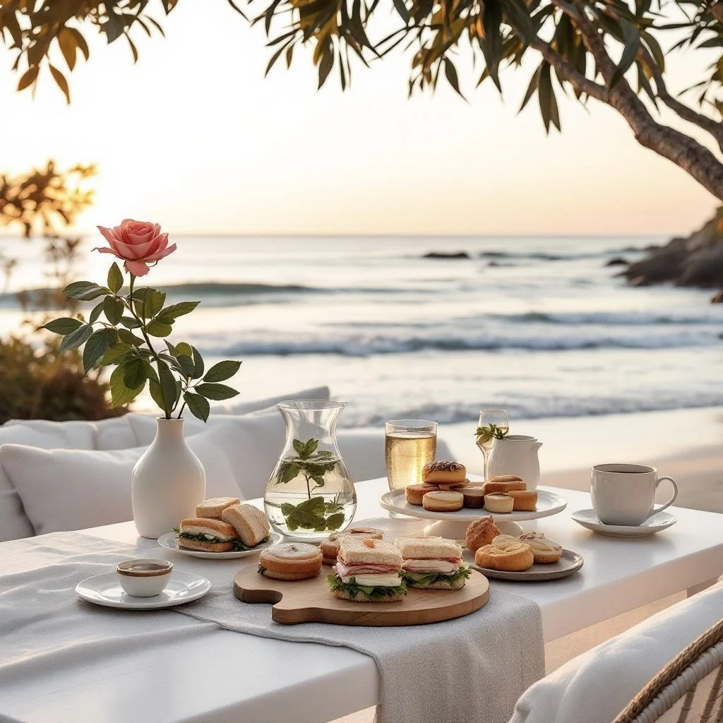 A seaside outdoor dining table set with sandwiches, cookies, a cup of tea, a glass of sparkling drink, a vase with a pink rose, and a pitcher with mint leaves, overlooking the ocean at sunset.