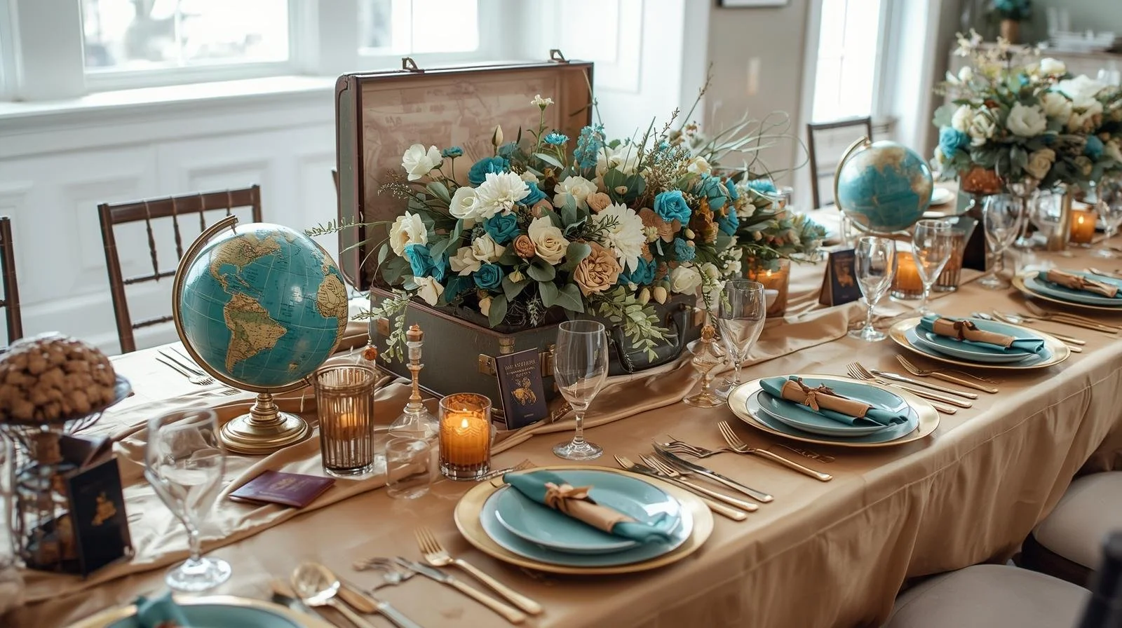 A beautifully decorated dining table with blue and beige accents, featuring a globe centerpiece and a large floral arrangement with blue and white flowers, candles, and place settings with gold-rimmed plates and turquoise napkins.