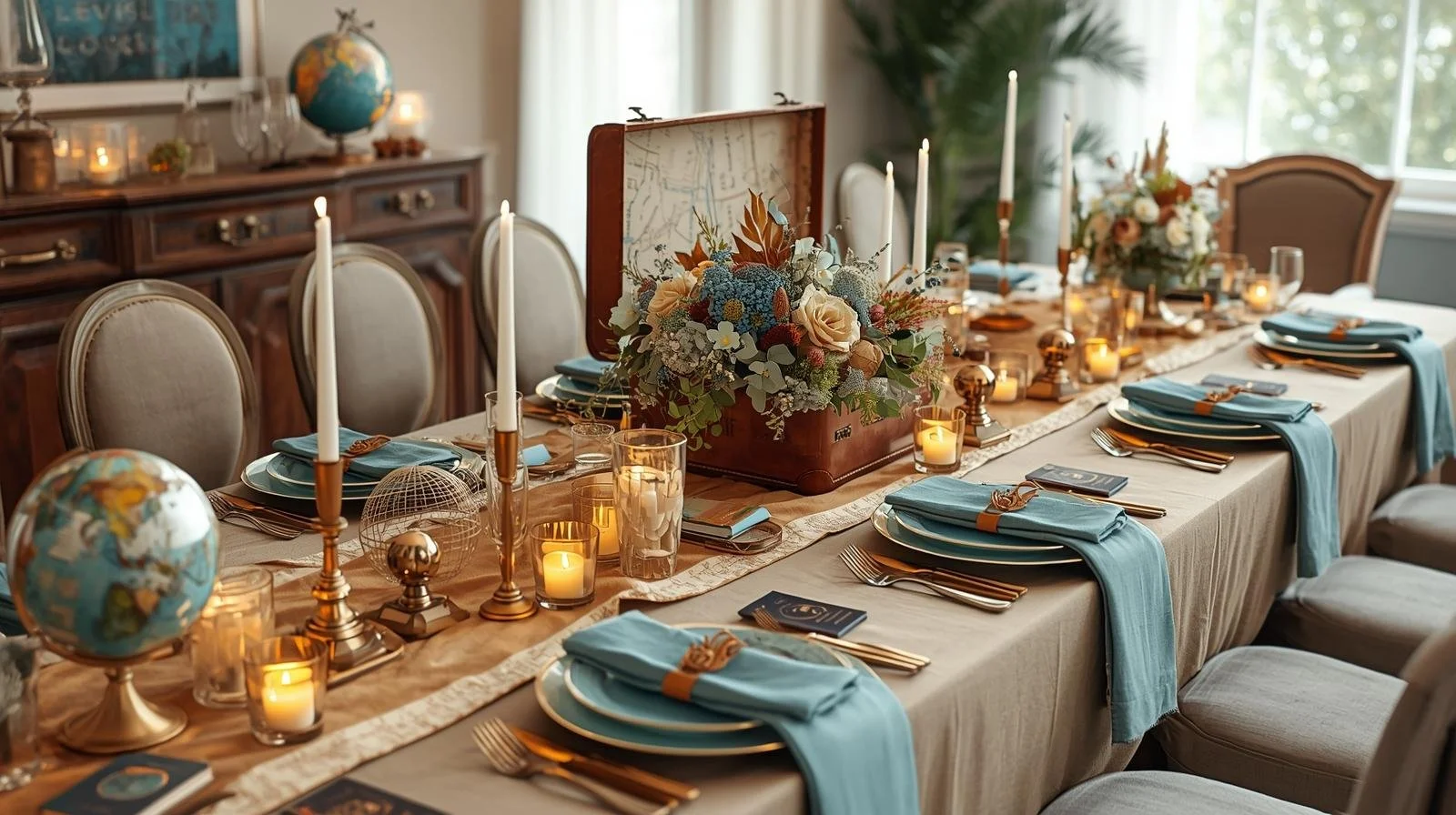 A long dining table set for a meal with blue napkins, gold utensils, lit candles, globe decorations, and a large floral centerpiece, in a decorated room with chairs and a sideboard.