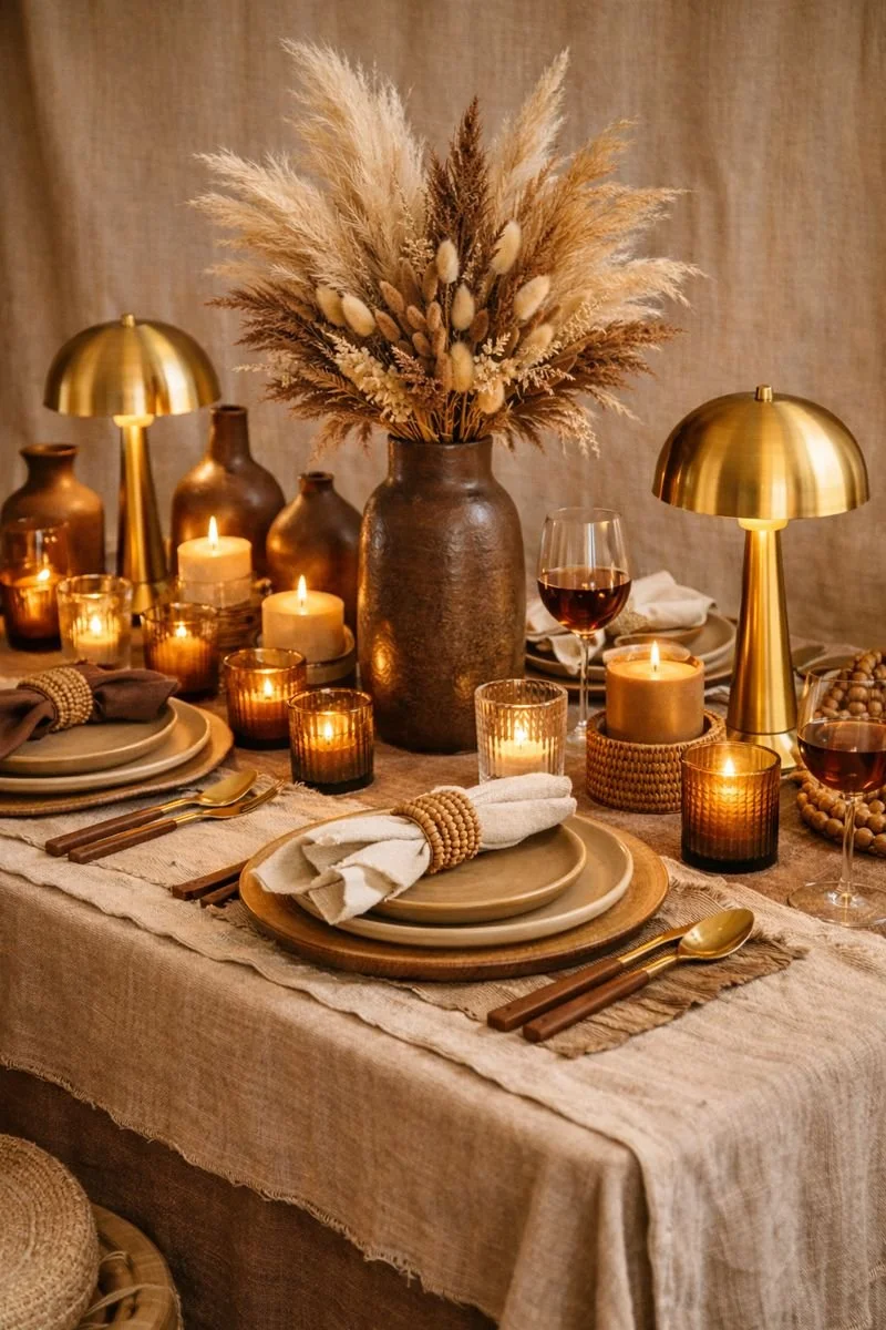 A cozy dining table decorated with candles, a large vase with dried flowers, gold lamp lights, and a set of place settings with beige and brown dishes and utensils, creating warm, inviting ambiance.