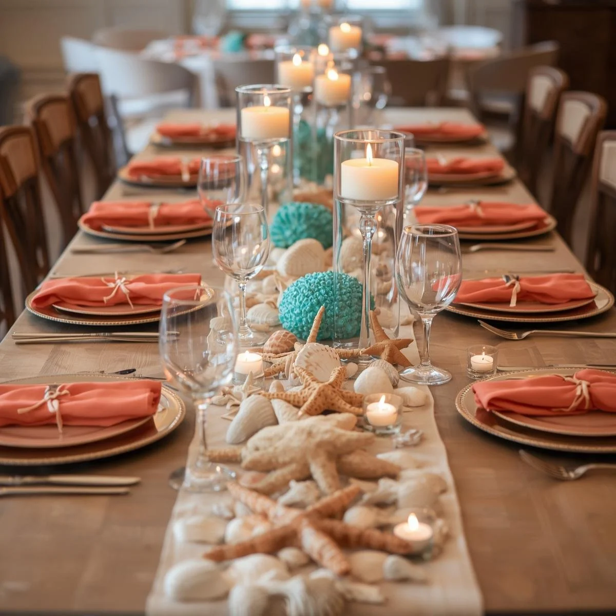 A beautifully decorated dining table with a beach theme, featuring sea shells, starfish, coral, and candles as a centerpiece, with pink napkins, and wine glasses set for a meal.