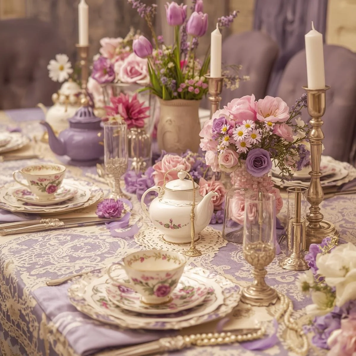 table set with lace tablecloth, tea cups, candles, florals in pink, cream, and purple
