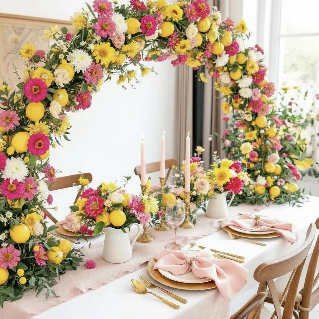 A decorated table with floral arrangements and a floral arch in pink, yellow, and white, with table settings including pink napkins, gold utensils, and pink candles, set for a celebration or special event.