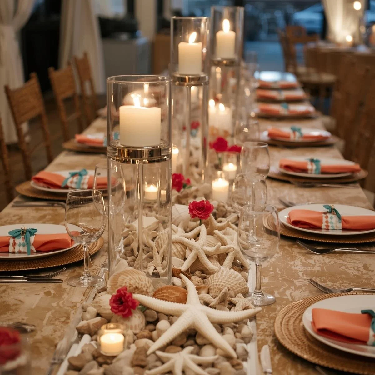 A tropical-themed dining table decorated with starfish, seashells, candles, and pink flowers, set with plates, glasses, and napkins for a formal event.