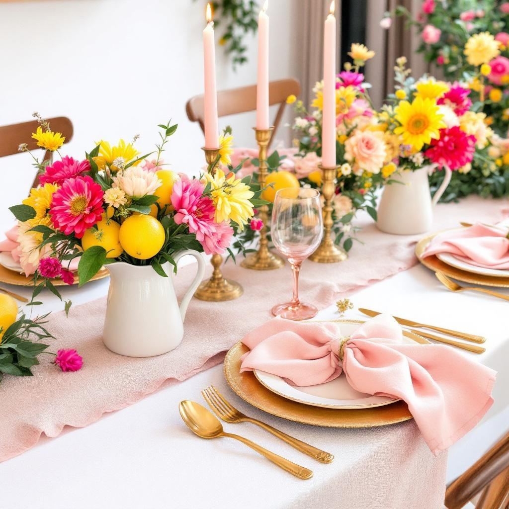 Elegant table setting with pink and yellow floral centerpieces, pink candles, gold cutlery, pink napkins tied with string, and white and pink dishes on a light pink tablecloth.