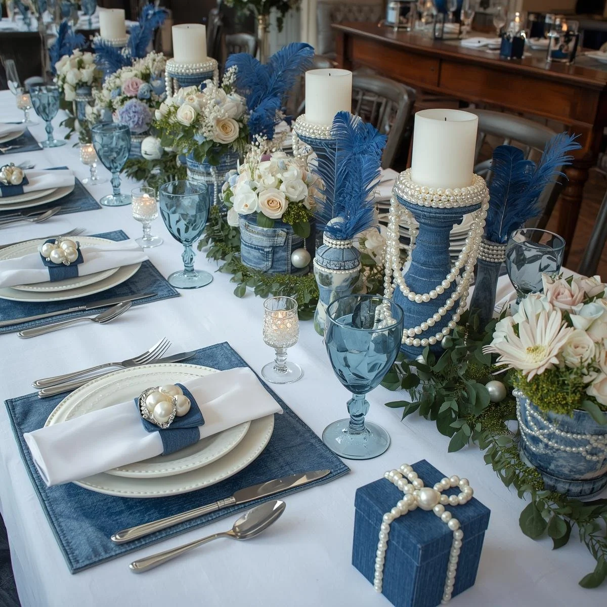 Elegant table setting with white tablecloth, blue napkins, pearl-adorned candles, blue feathers, floral arrangements in blue denim pots, blue glassware, and pearls for a fancy event.