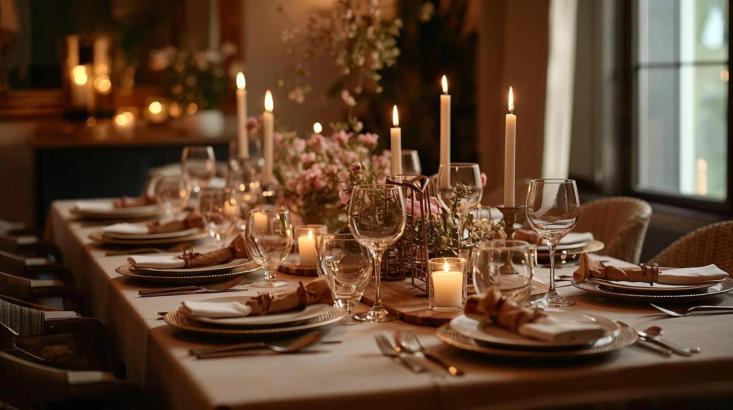 A long dining table set for a formal dinner with candles, floral centerpieces, wine glasses, plates, silverware, and folded napkins, in a warmly lit room with large windows.