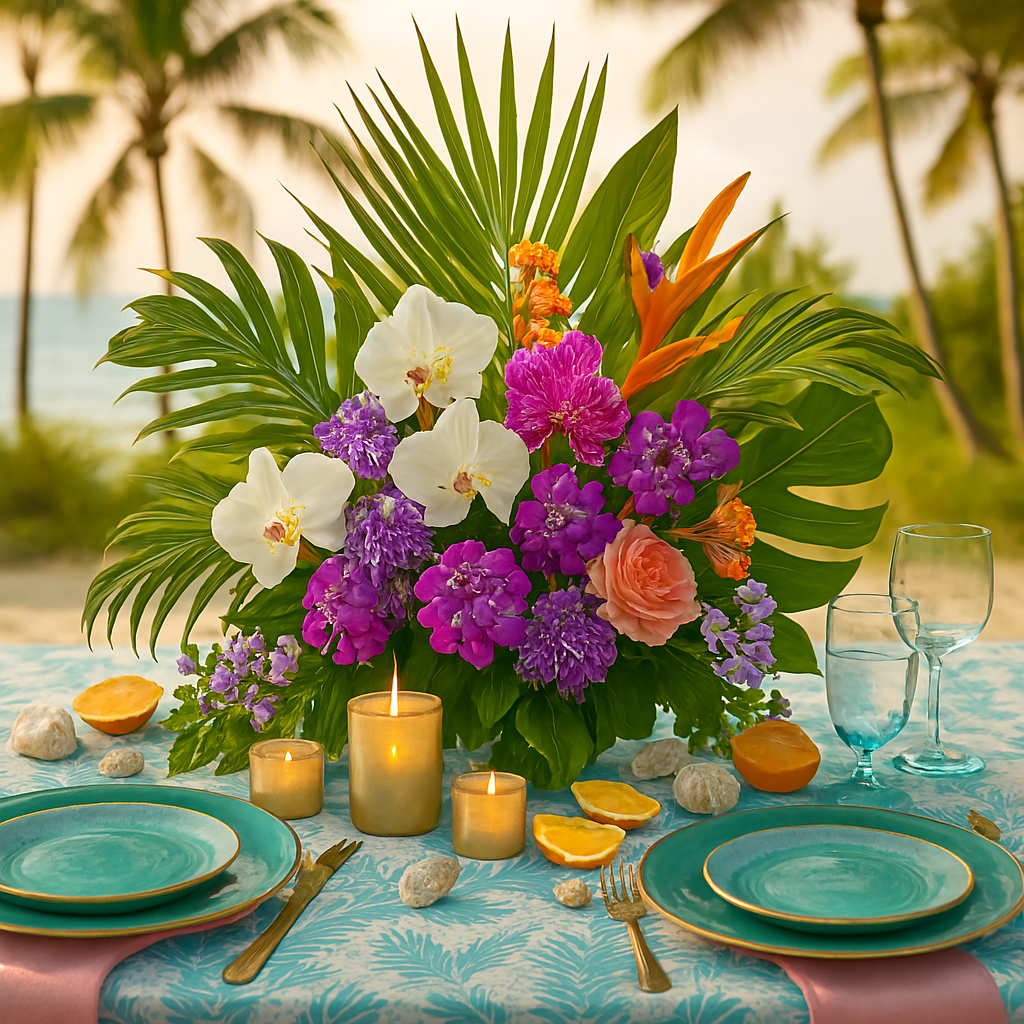 Tropical beach with a dining table decorated with a large flower centerpiece, candles, turquoise plates, and gold utensils, framed by palm trees and a sandy beach